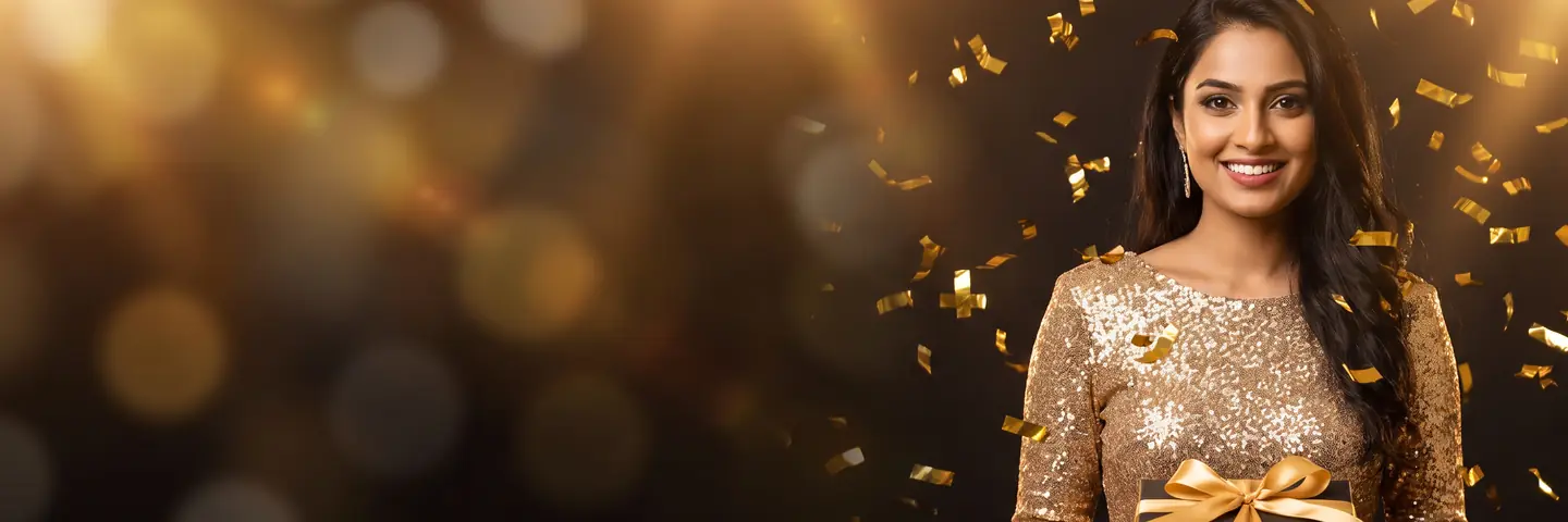 Smiling woman in a gold sequin dress holding a gift box – 3333bet first deposit bonus